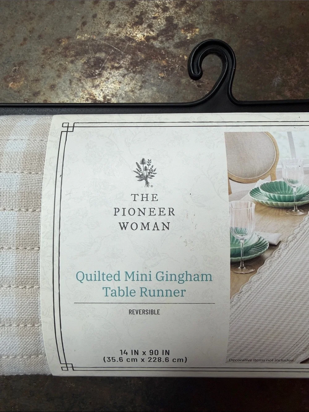 The Pioneer Woman French Oak Reversible Quilted Mini Gingham Table Runner. 14x90